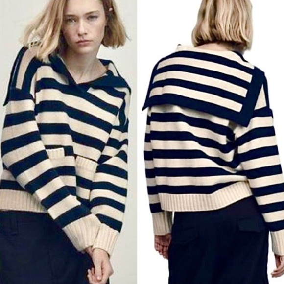 ZARA Sweater Striped Stripes Sailor Johnny Collar Navy Blue Ivory‎ Cream Size M - Picture 1 of 9